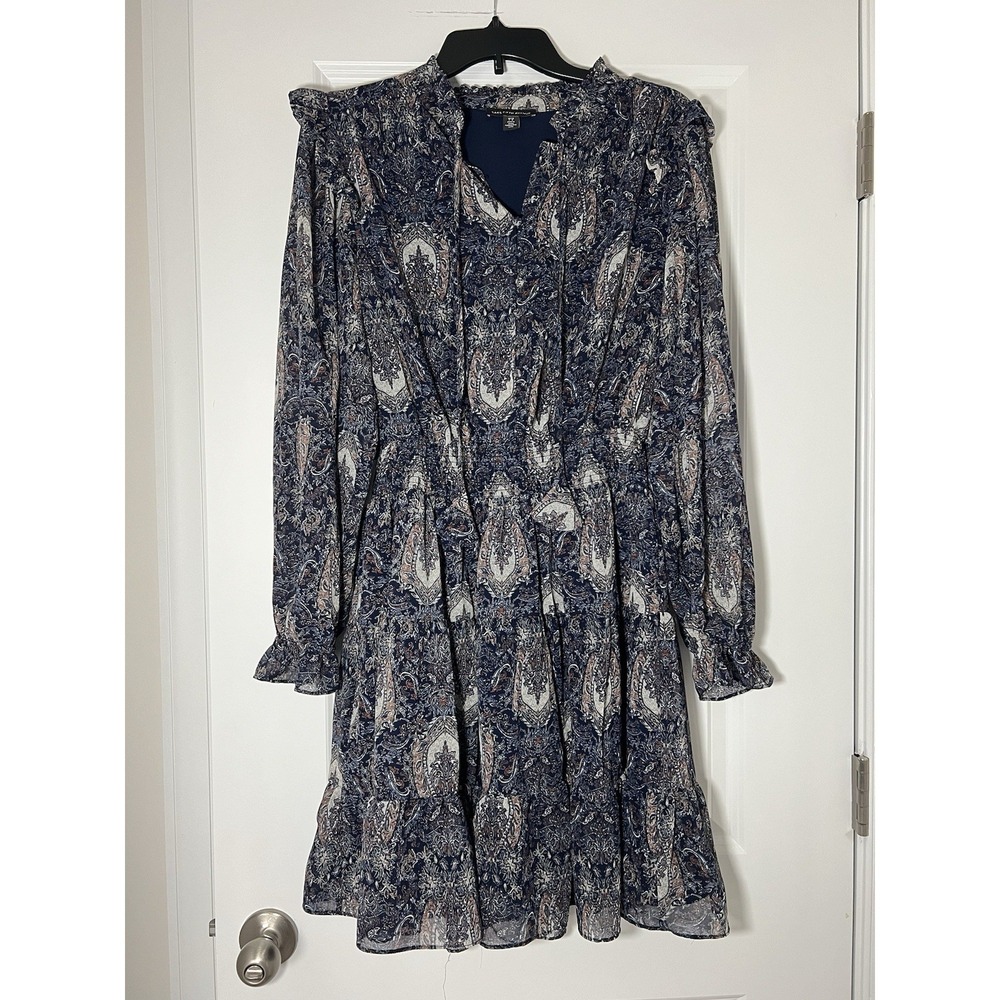 Women's Saks Fifth Avenue Long Sleeve Short Dress Paisley Smocked Waist Ruffle L
